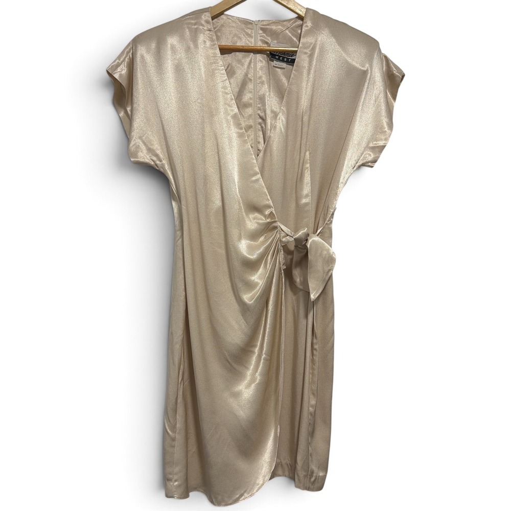 Vintage Marnie West Champagne Gold Satin Wrap Dress V-Neck Side Tie Midi M